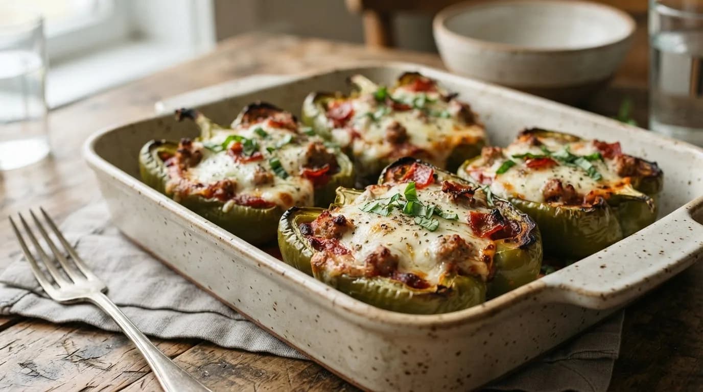 Запечённые перцы с начинкой из колбаски, пепперони и моцареллы
